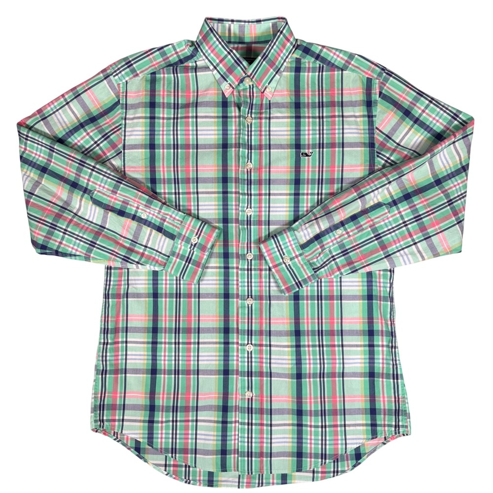 Vineyard Vines Whale Shirt Mens Small Green Pink Plaid Cotton Button Down LS
